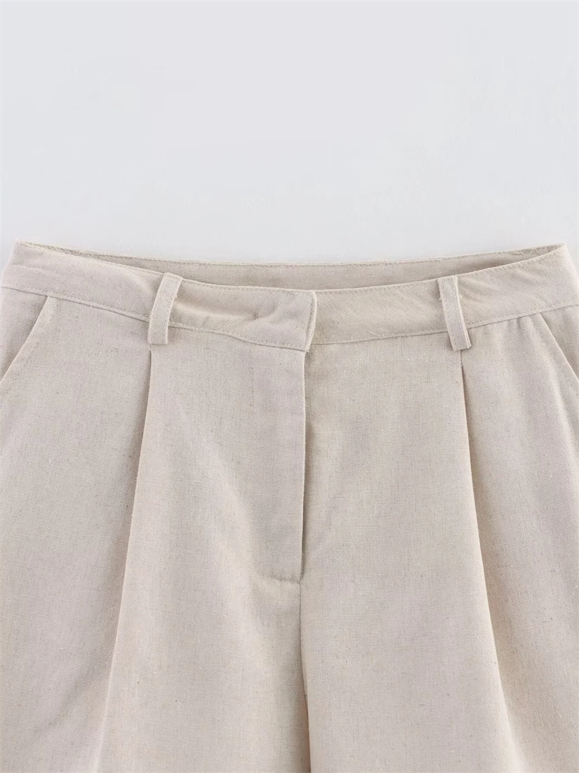 ชุดเซ็ตเสื้อกั๊กผ้าลินินผสมสีพื้นสำหรับผู้หญิง กางเกงขาสั้นเอวสูงทรงหลวมสบายๆ แฟชั่นลำลอง