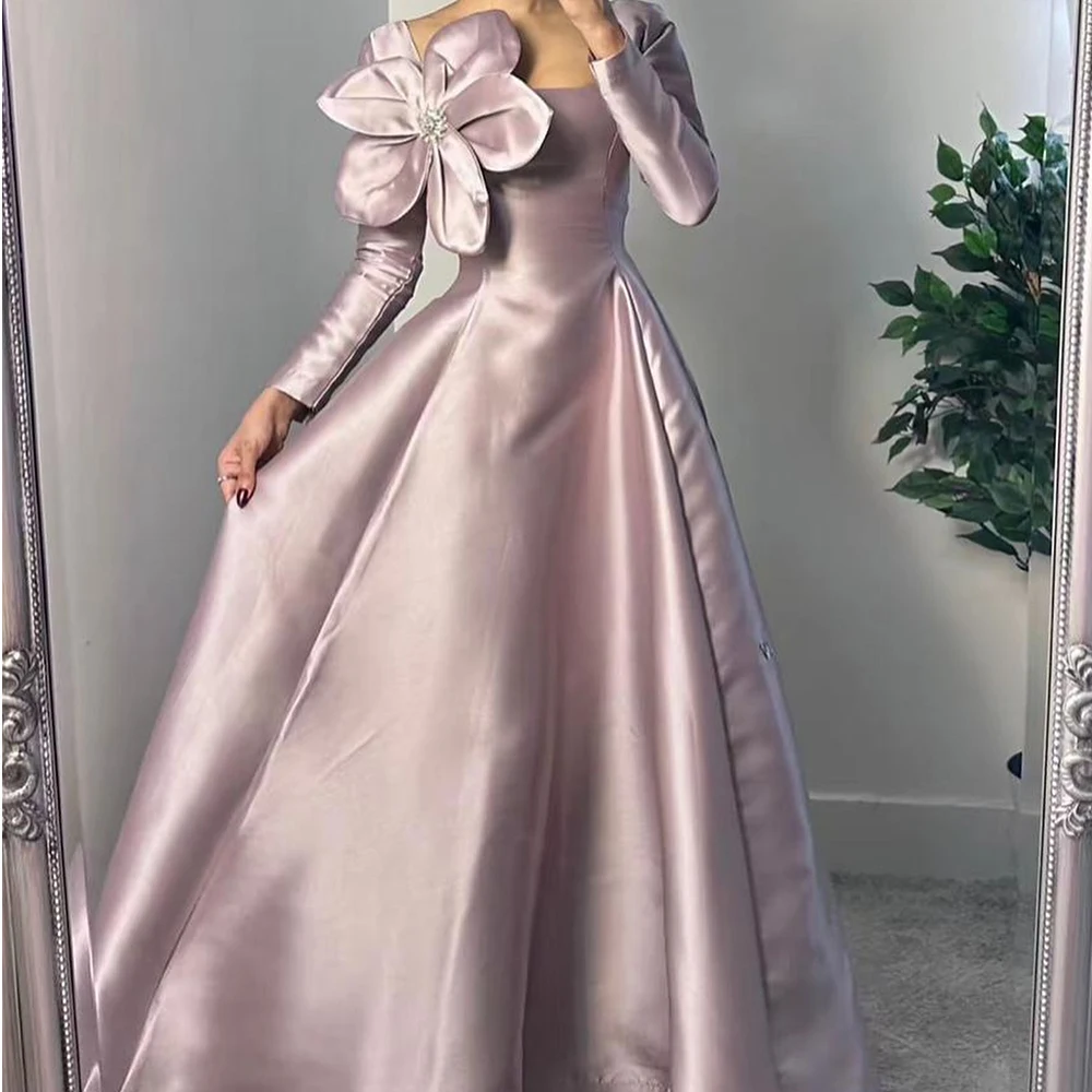 

Customized Fashion Satin A-Line Crystal Flowers Evening Dress Delicate Floor Length Long Sleeves платье вечернее Custom Size