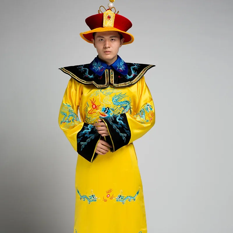 Ancient Qing Dynasty Hanfu Men Embroidered Dragon Emperor Costume King Stage Clothes Costumes Tang Suit Halloween Robe with Hat