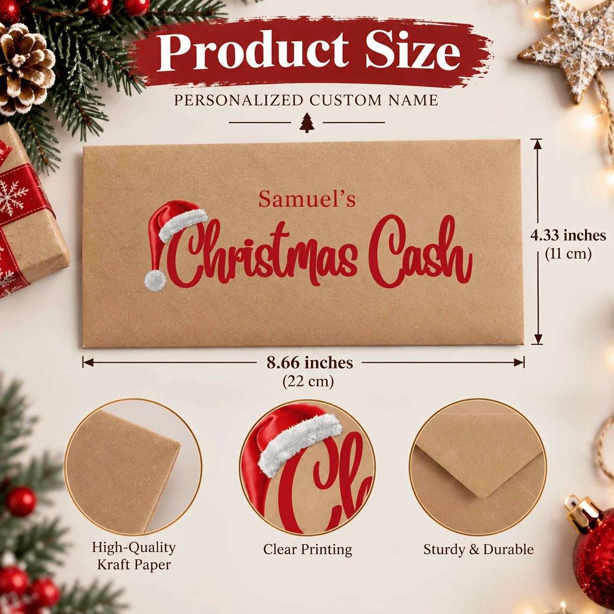 Personalized Christmas Kraft Paper Envelope Custom Name Text UV Printed Gift Money Envelope for Xmas Holiday Party Decor
