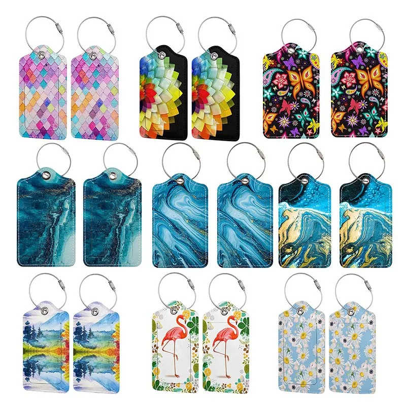 1Pc Travel Accessories Luggage Tag Color Printing PU Suitcase ID Addres Holder Baggage Boarding Tag With Colorful Keyring