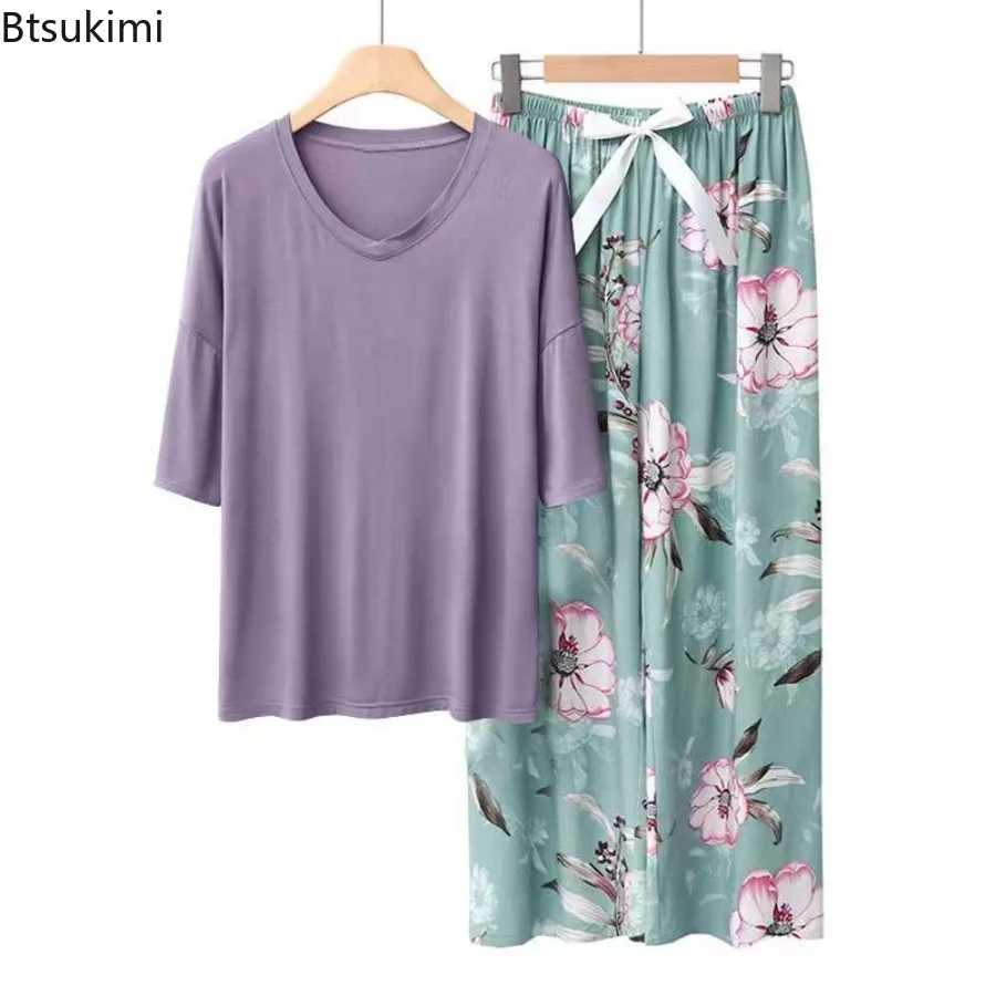 2026 السيدات الصيف مشروط القطن منامة دعوى بسيطة الأزهار بيجامة مجموعات النساء قصيرة الأكمام بلوزات وسراويل قطعتين مجموعة Homewear #4