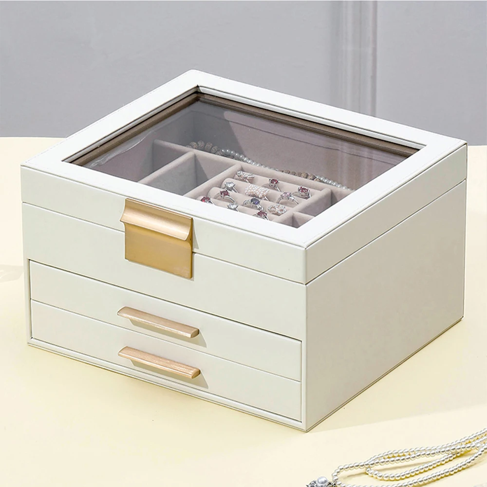 

2024 New 3-Layer Jewelry Box With Glass Lid 2 Drawers Jewelry Organizer For Jewelry Storage Jewelry Display Stand Storage