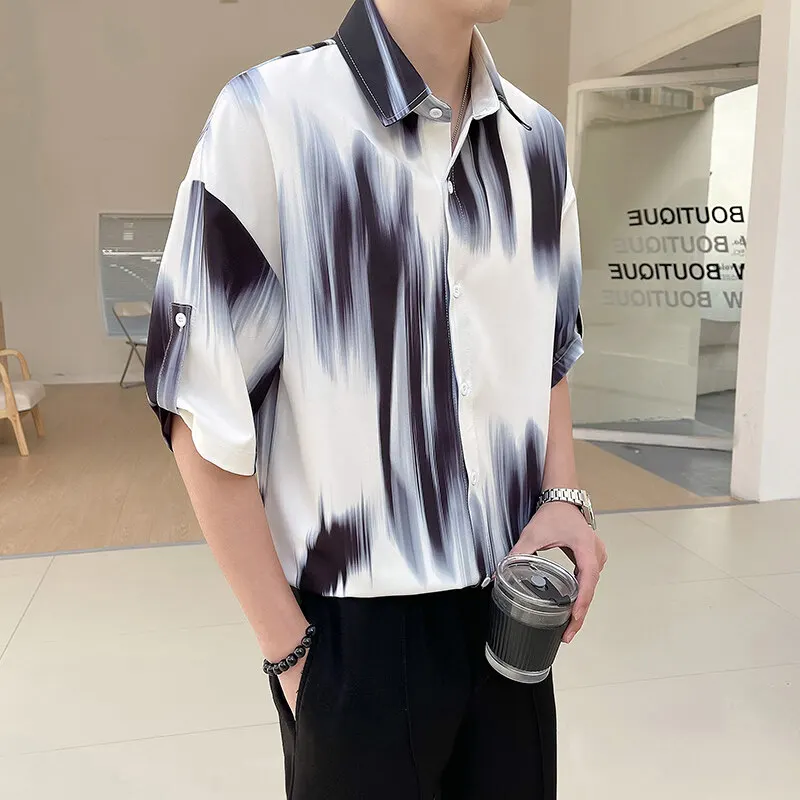 

Лето 2025 г., рубашки с короткими рукавами из тонкого ледяного шелка для мужчин, свободная повседневная рубашка с принтом тай-дай в стиле ретро, топы с лацканами, мужская одежда