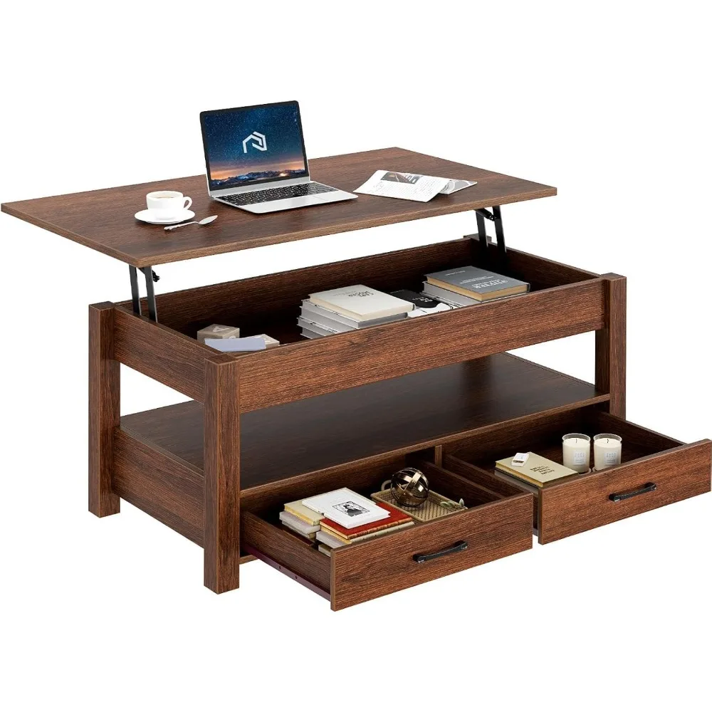 

Coffee Table, Lift Top Coffee Table with Drawers and Hidden Compartment, Retro Central Table with Wooden Lift Tabletop - Vintage