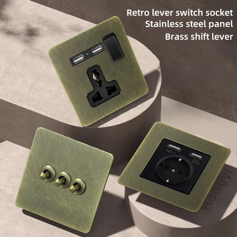 Lampada da parete con interruttore retrò, pannello interruttori, presa di corrente UK13A in acciaio inossidabile bronzo con doppia presa di alimentazione universale per ricarica USB