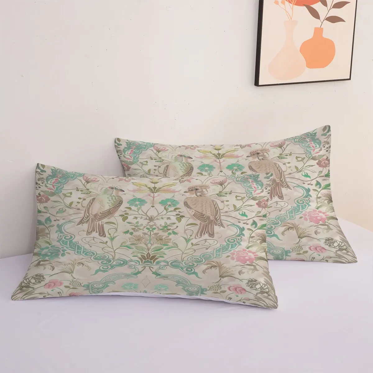 Pink Green Parrot  Down comforter set large size  floral pattern  Duvet cover set, 1 duvet cover and 2 pillowcases