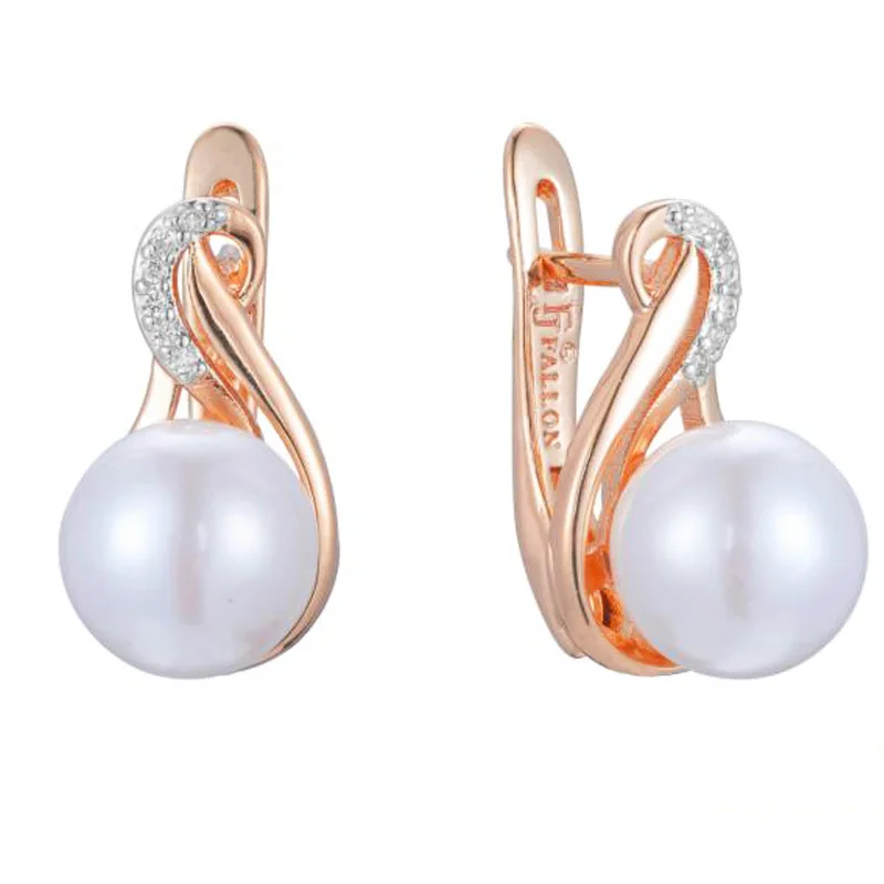 FJ New Simulated Pearl Round White Patterned Women 585 Rose Gold Color Ball Earrings