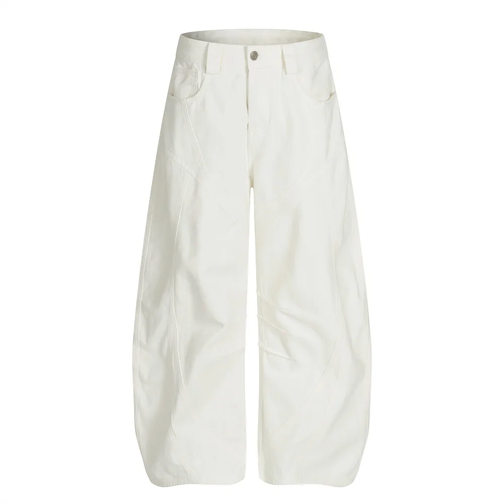 Men's White Curved Seam Wide Leg Jeans Baggy Oversized Streetwear Denim Pants Casual Loose Trousers for Men view 2