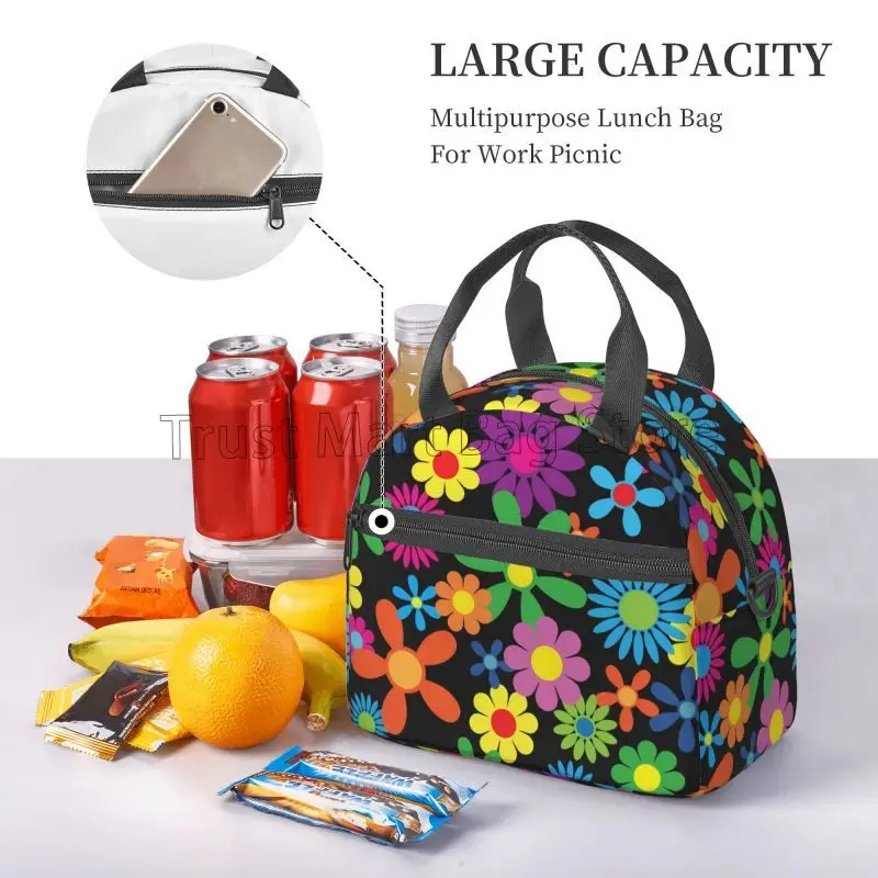 Hippie Flower Insulated Lunch Bag with Adjustable Shoulder Strap Resuable Cooler Thermal Lunch Tote Bag for Travel Work Picnic