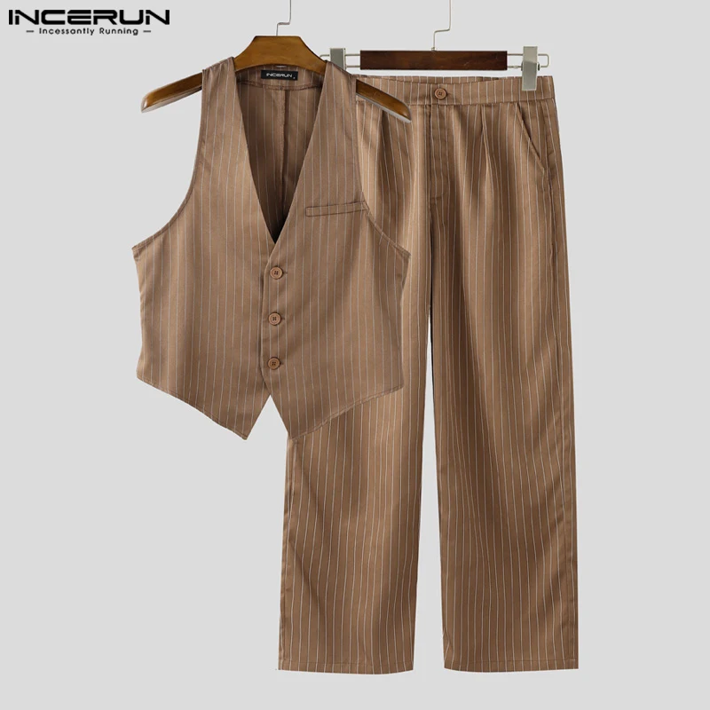 

INCERUN Men Striped Sets V Neck Sleeveless Vests & Pants Two Pieces Sets 2025 Elegant Streetwear Fashion Men Casual Suits S-5XL