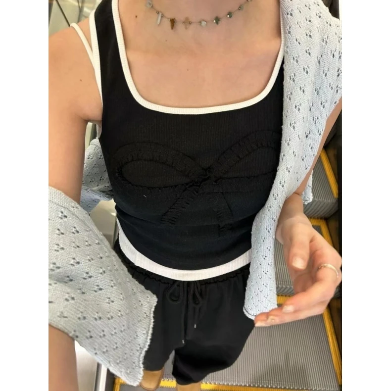 

Sweet Sli Dongda Gate 25 Summer Color Blo Square Collar Knot Ribbed Slim Fit Vest Women's Faion Top