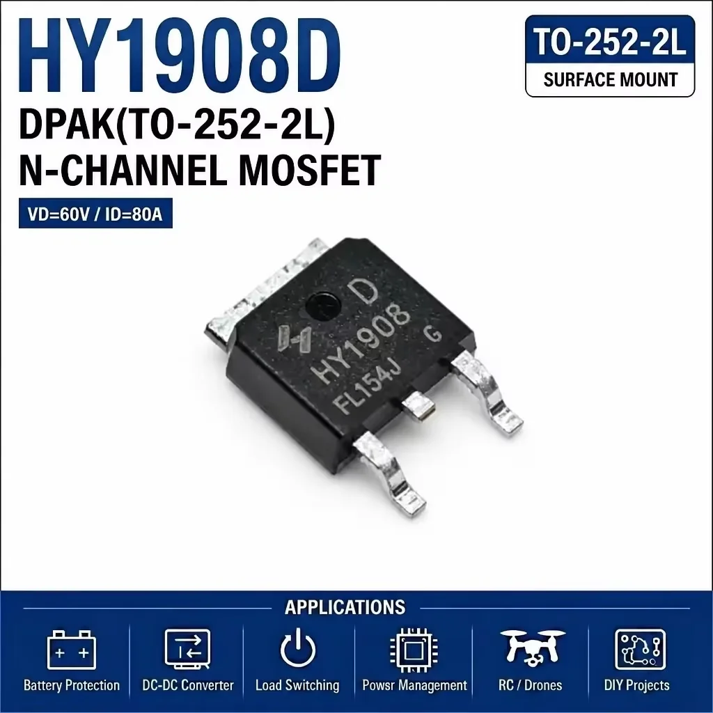(10 pcs) HY1908D TO-252-2L (Marking HY1908) - N-Channel MOSFET 80V 90A 7.0mΩ