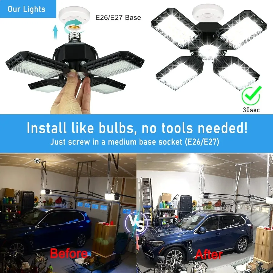 Luz led para garagem, luzes de teto deformáveis para garagem, 150w, 15000lm, 4 painéis ajustáveis, e26, e27, luzes de loja para porão, celeiro, funciona
