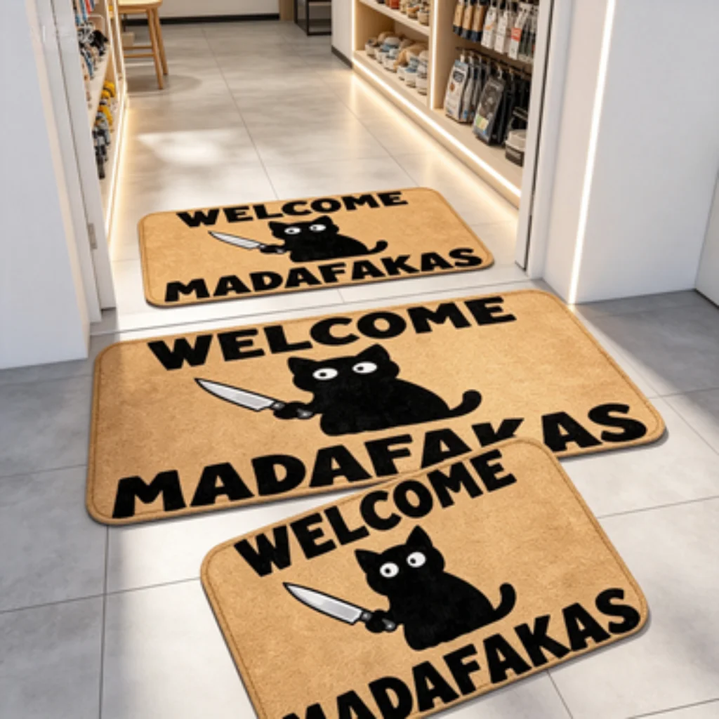 Funny Knife Black Cat Welcome Mat, Vintage Owl Welcome Mat, Halloween Bat Border Mat, Daisy Floral Welcome Mat.