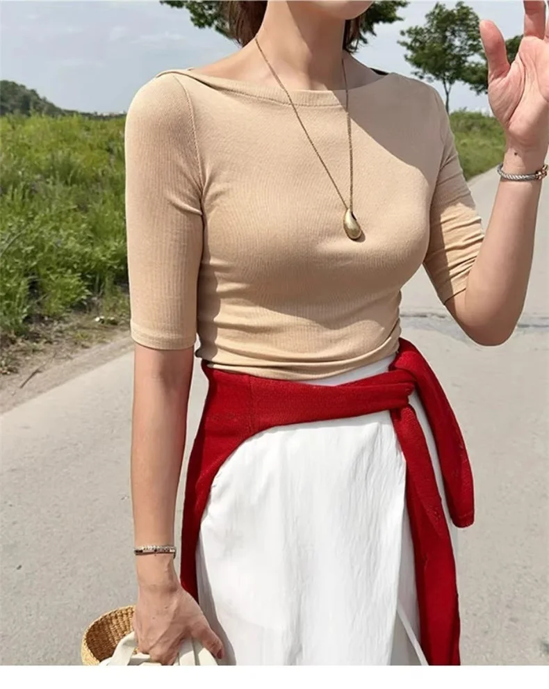 Sexy Halbarm Slim Fit Tees Koreanische 2026 Sommer Trendy Slash Neck Frauen T-shirts Off-schulter Feste Beiläufige Vielseitige top – Detail 6