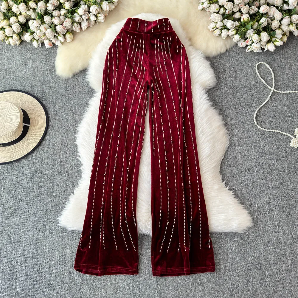 Casual Vintage Striped Rhinestone High Waist Loose Velvet Wide Leg Pants Fashion Streetwear High Street Autumn Winter Clothing