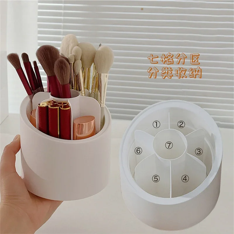 Desktop Cosmetic Brush Organizer 360° Rotating Makeup Brushes Holder 7 Grids Lipstick Eyebrow Pen Holder Eye Shadow Storage Box