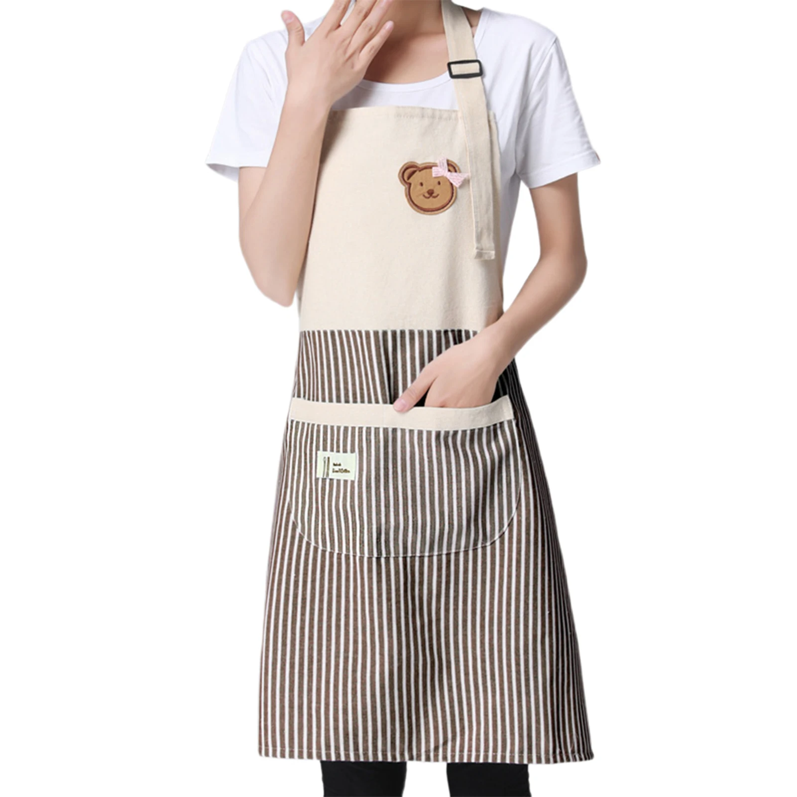 Women's Cartoon Striped Aprons With 2 Pockets Adjustable Neck Strap Apron