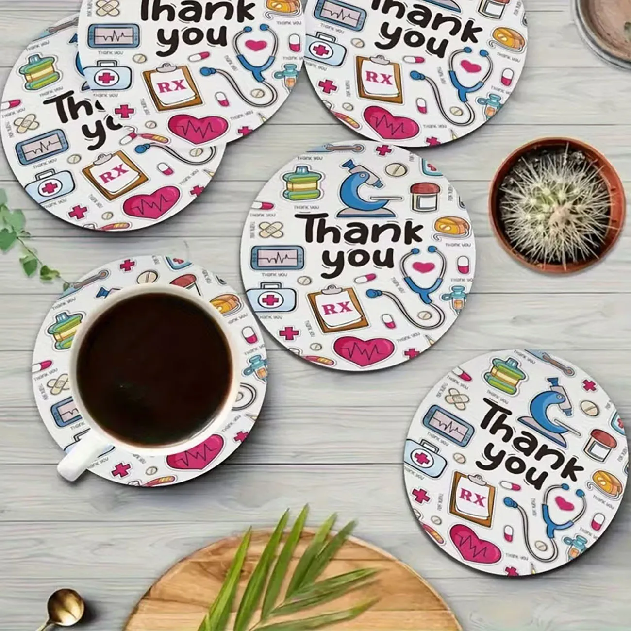 6Pcs Wooden Round Heat Insulation Drink Coasters Medical Thank You Pattern Nurse Appreciation Tabletop Decor Gift