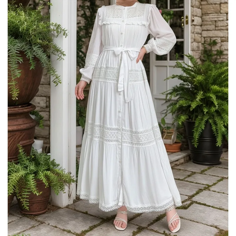 Jalabiya Women Eid Muslim Dress Abayas Embroidered Hollow Out Lace Lapel Collar Long Sleeve Robe Vestidos Women Party Dresses