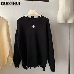 DUOJIHUI Black Casual Loose Simple Female Pullover American Vintage Knitting Solid Color Fashion Sweater Women Pullover Apricot