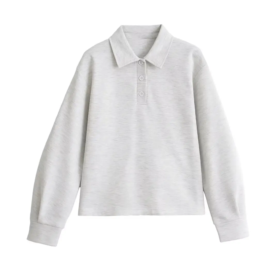 고품질 베이직 스페이스 코튼 Ne 스웨트 여성용 심플 턴다운 칼라 박시핏 피부 친화적인 에어 레이어 롱 슬리브