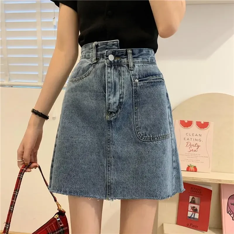 With Pocket Sexy Cute Chubby High Waist Short Coquette Mini Kawaii Woman Denim Skirt Jeans Skirts for Women Blue Modest Stylish