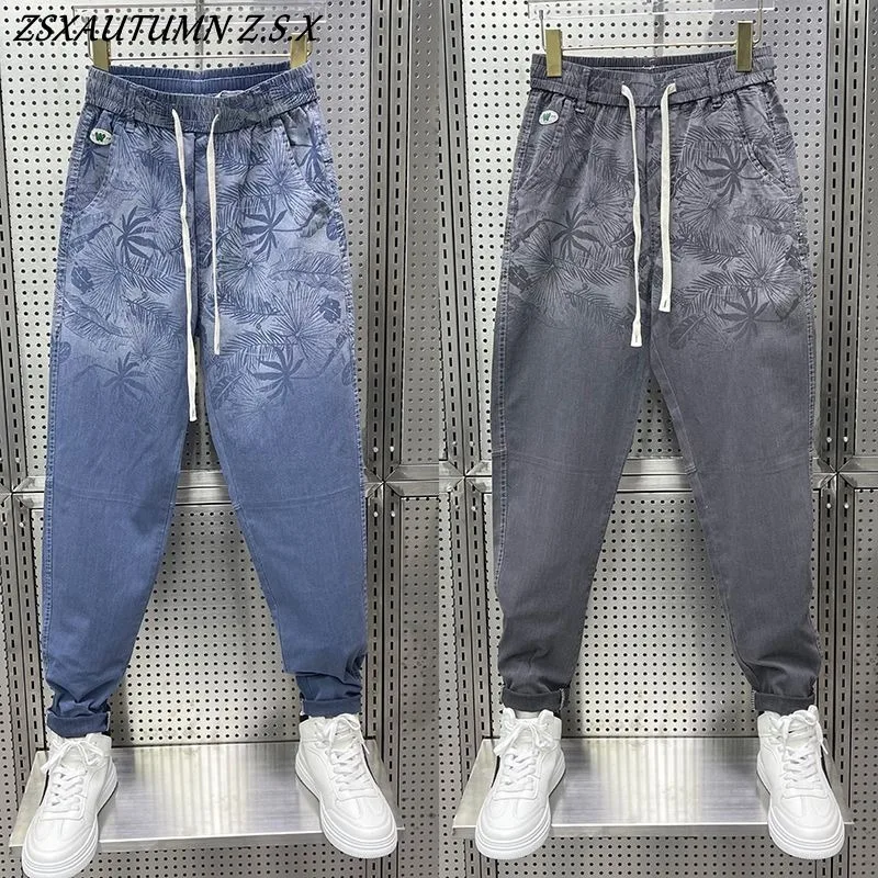 

Printing Gradual Harlan Pants Men Clothing Spring Contrasting Jeans Male Elastic Waist Drawstring Denim Pants Casual Trousers