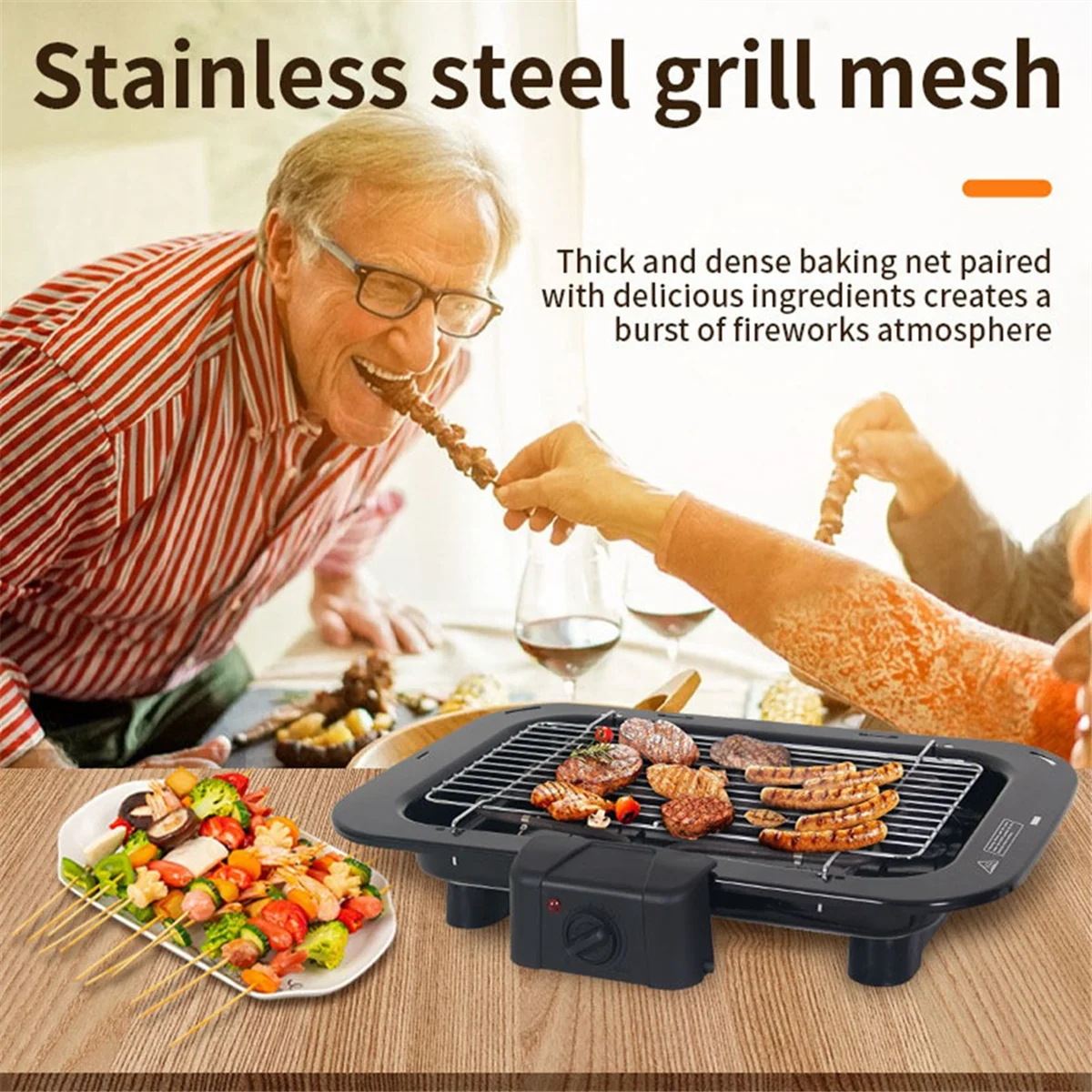 Parrilla eléctrica para interiores, parrilla eléctrica sin humo para interiores, barbacoa con red de parrilla extraíble y sartén antiadherente de 2200W EE. UU.