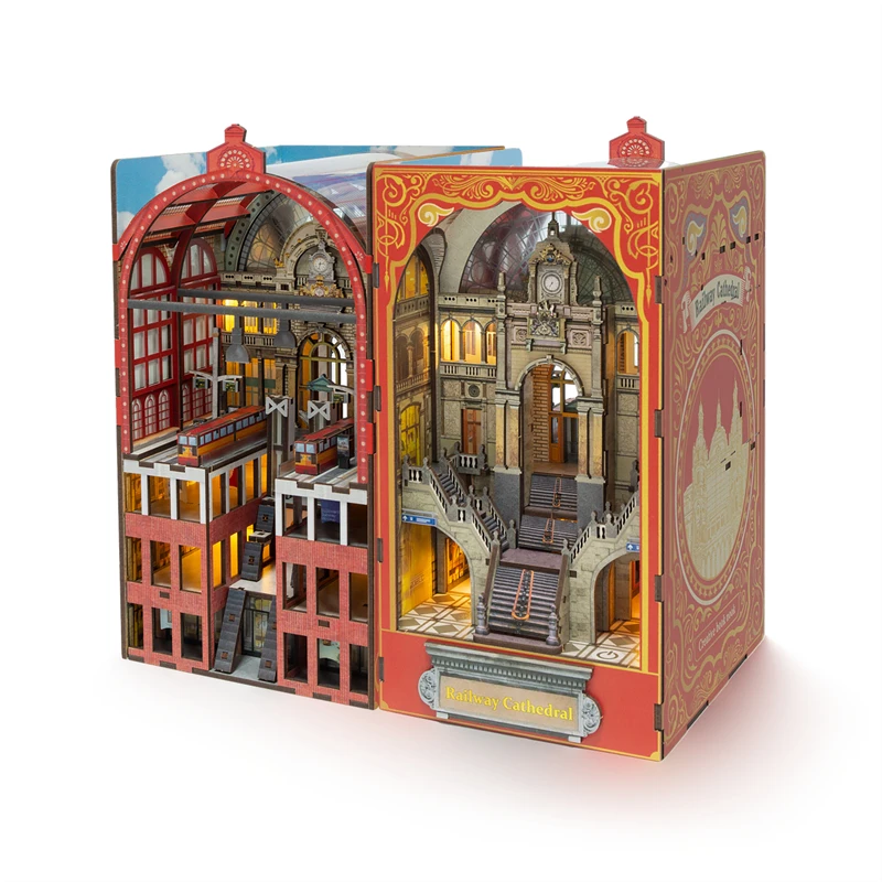DIY Book Nook Shelf Insert Kits Wooden Miniature Building Kit Railway Cathedral Bookend Assembled Bookshelf Home Decoration Gift