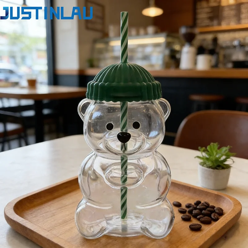 JUSTINLAU Auf Lager Bärenförmige Glastassen mit Strohhalm und Deckel, Kaffeetasse, niedlicher Cartoon, kreativer Glas-Saftbecher, Teetasse, Trinkgeschirr, Geschenk