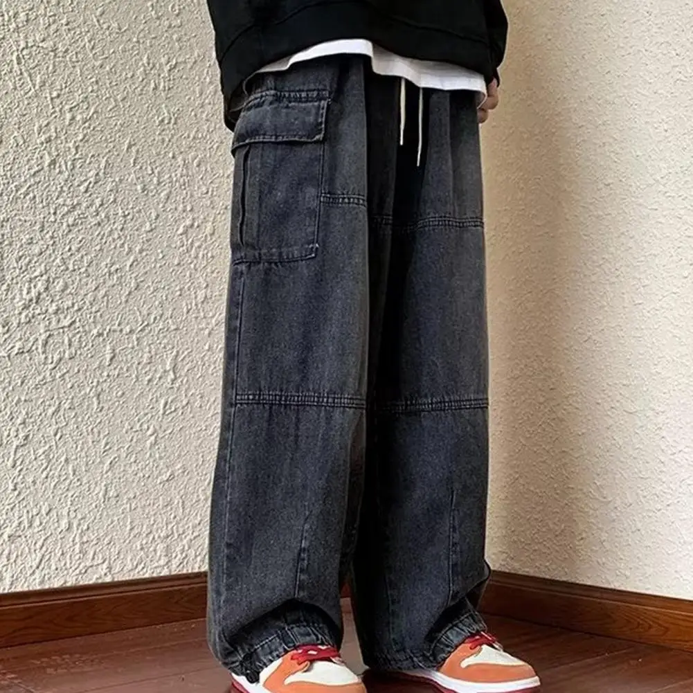 Men Cargo Pants Drawstring Pants Denim Trousers Multiple Pockets Elastic Waist Drawstring Solid Baggy Pants Wide Leg Trousers