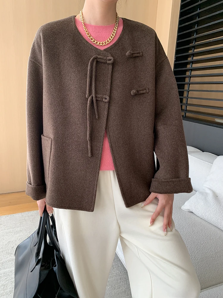 [LANMREM] Office Lady Wool Coat For Women Round Neck Single Breasted Long Sleeve Warm Female Jackets 2024 Autumn New 26C187