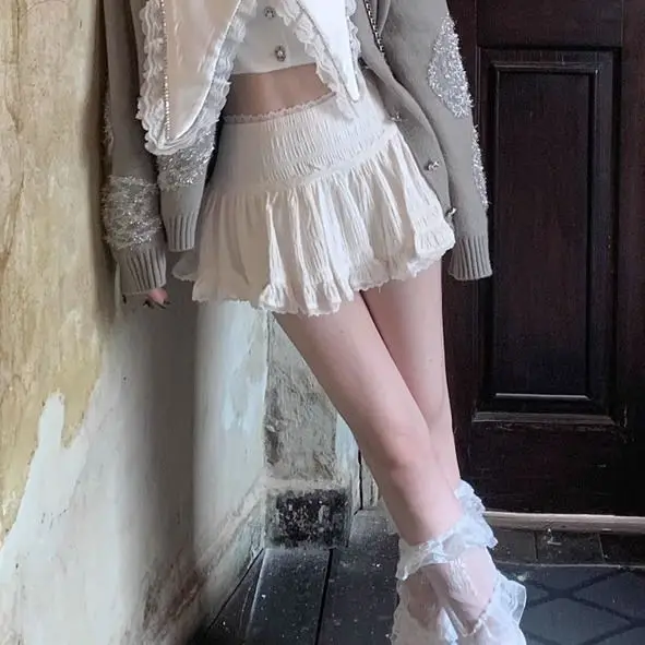 High-waisted Lace Spliced A-line Skirt for Women New Hot Girls Looking Slim Ballet Style