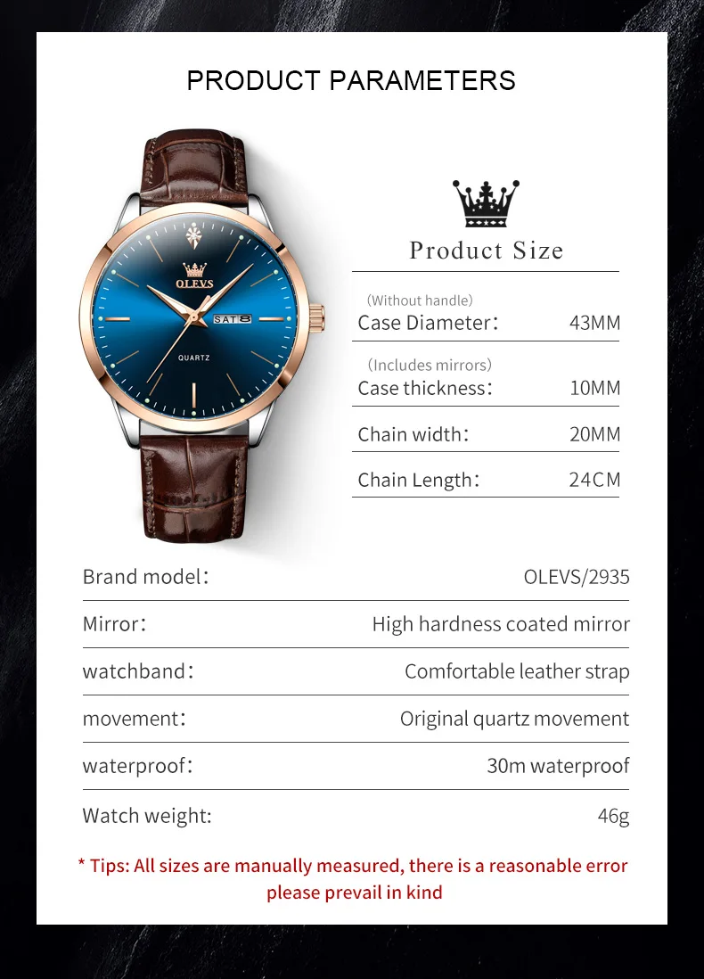 OLEVS 2935 Business Casual Men\'s Watch Waterproof Leather Strap Luxury Brand Date Week Temperament Trend Quartz Men\'s Watch