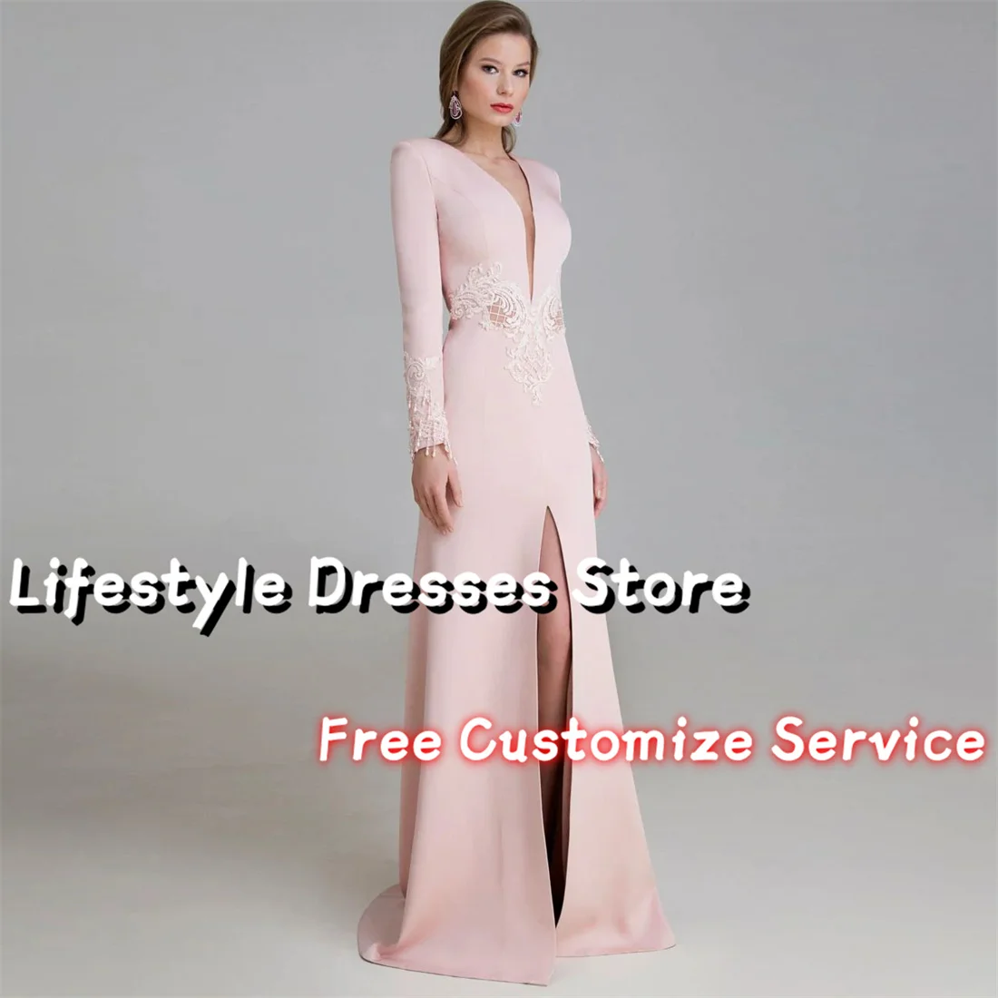 

V-neck Beads Long Sleeves Elegant Prom Gown Appliques Front Slit Mother Of The Bride Dress 2024 vestidos para eventos especiales