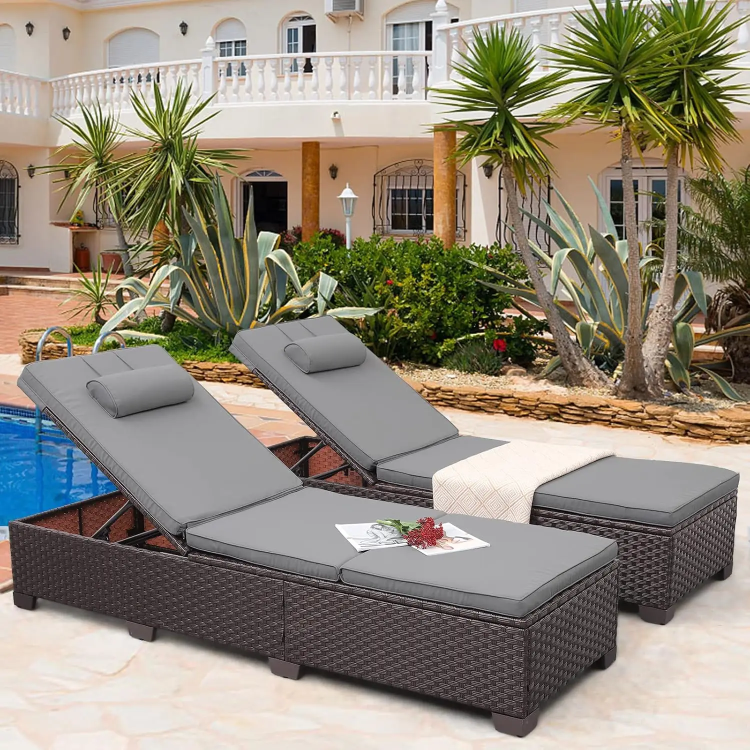 Outdoor Chaise Lounge Set 2-Piece Wicker Recliner with Adjustable Backrest & Grey Cushion for Patio Pool, Customized
