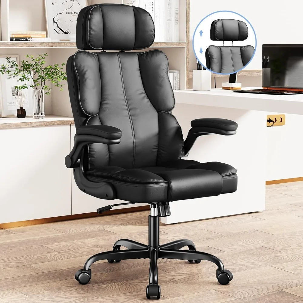 Computerstuhl mit dickem Kissen und Lordosenstütze, ergonomischer Schreibtischstuhl mit verstellbarer Kopfstütze und Armlehnen