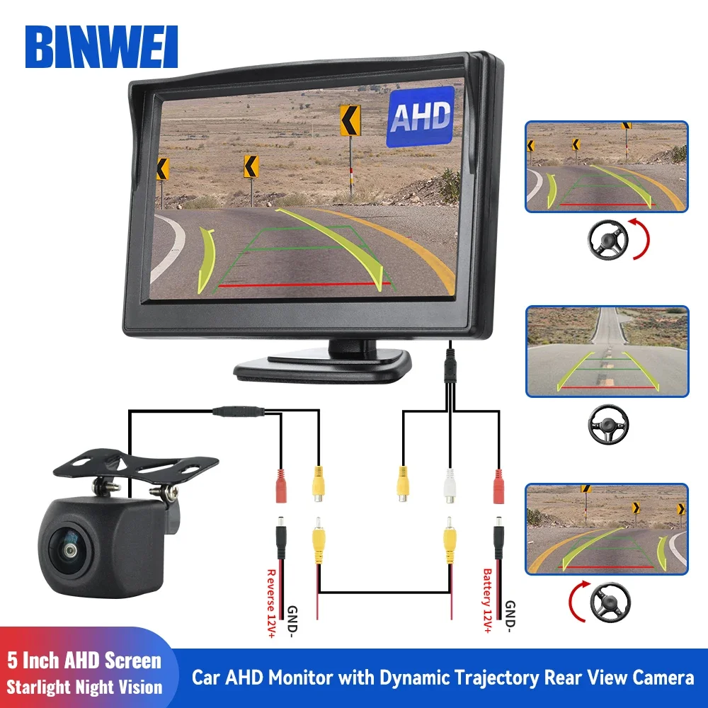 

BINWEI Car Dynamic Trajectory Rear View AHD Camera with 5 Inch AHD Monitor for Vehicle Parking Reversing Camera with Screen