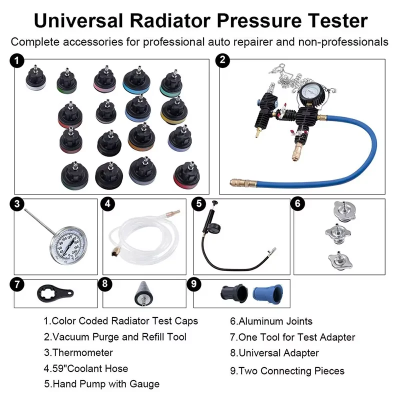 28Pcs Universal Radiator Pressure Tester Set Vacuum Type Cooling System Tester Water Tank Leak Detection Detector Tool