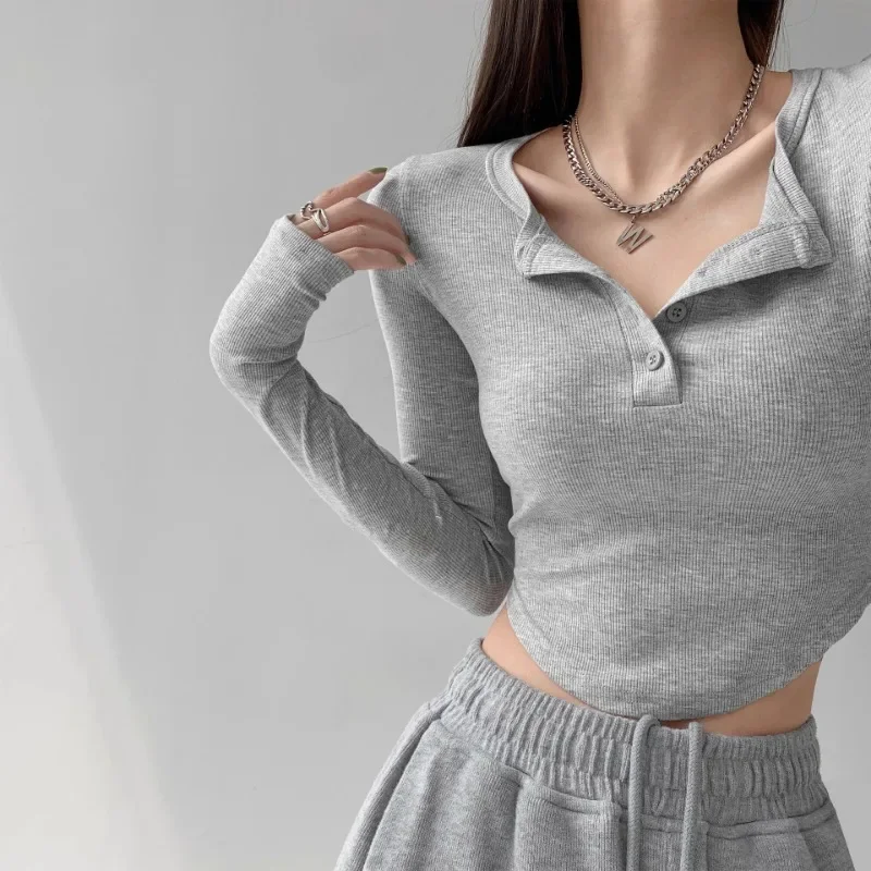 

New Women Chic Long Sleeve T-shirts Half Collar Button Slim Short Tops Solid Colors Casual Bottoming Shirts Korean Fashion Tees