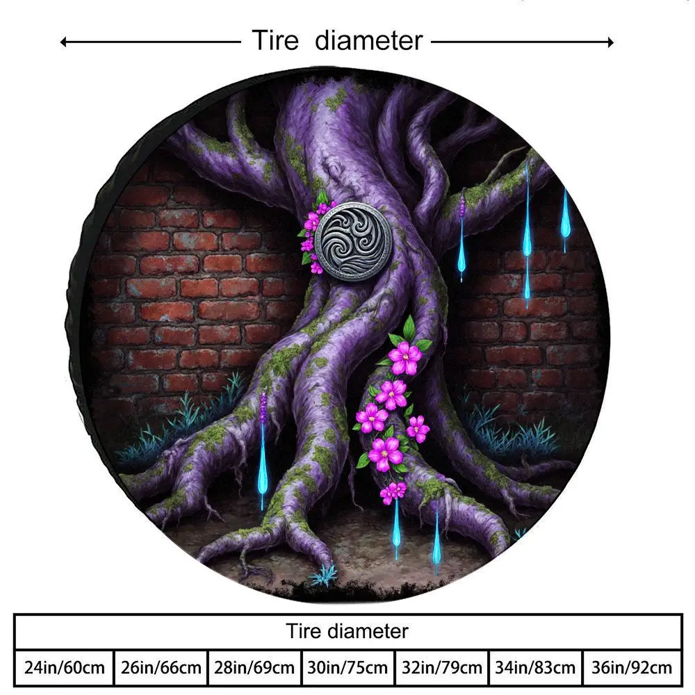 Purple Twisted Trunk Moss Print Tire Cover With Metallic Celtic Pattern And Pink Floral Decoration, Featuring A Vintage Brick Wa