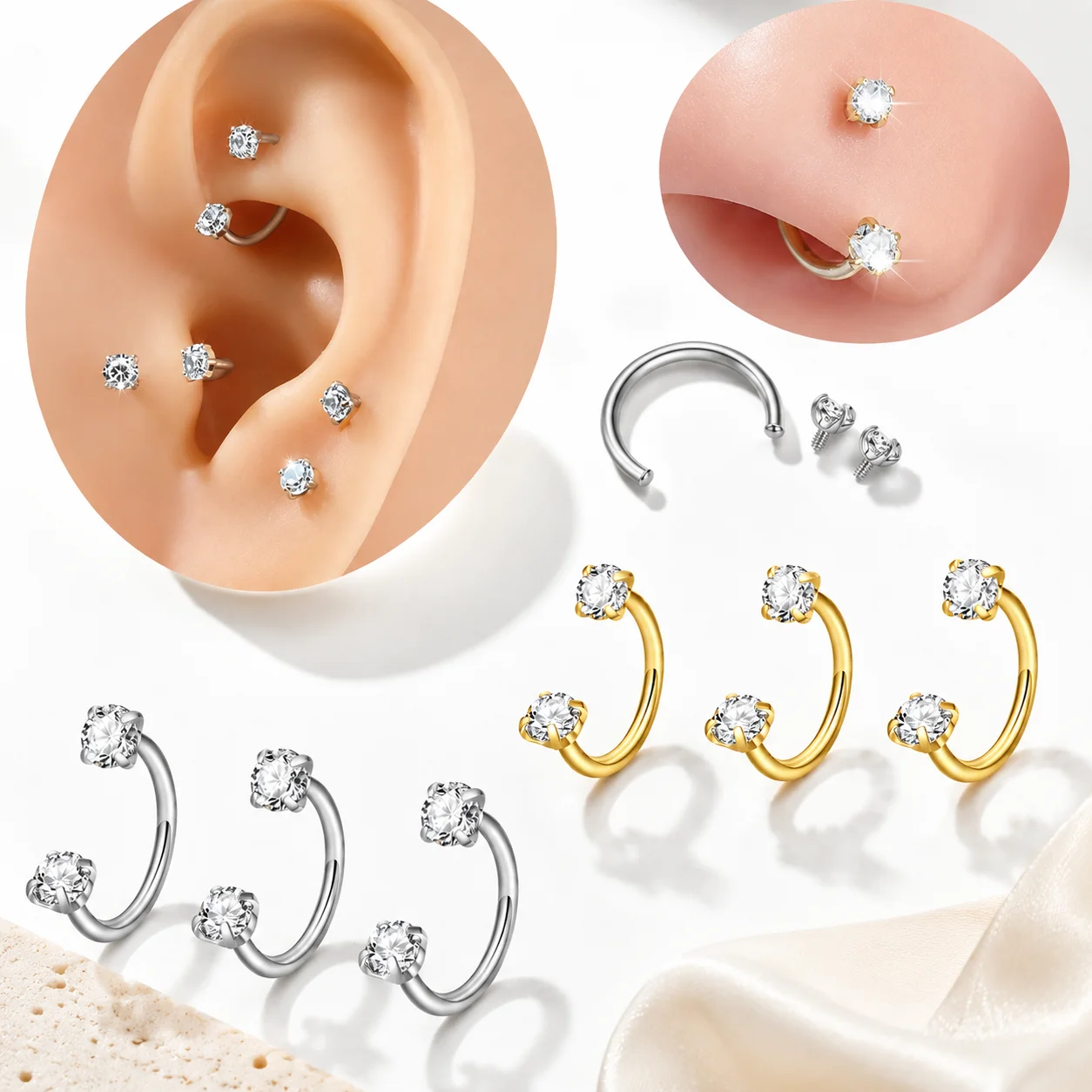 4Pcs Piercing Kit 18G 8mm Horseshoe Rings with Ball Grabber Tool 316L Surgical Steel Nose Lip Cartilage Earring Set