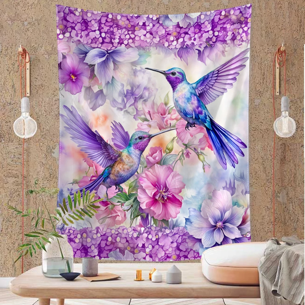 Purple pink hummingbird and floral printed tapestry, retro style, wall decorations for bedrooms, study rooms, and living rooms