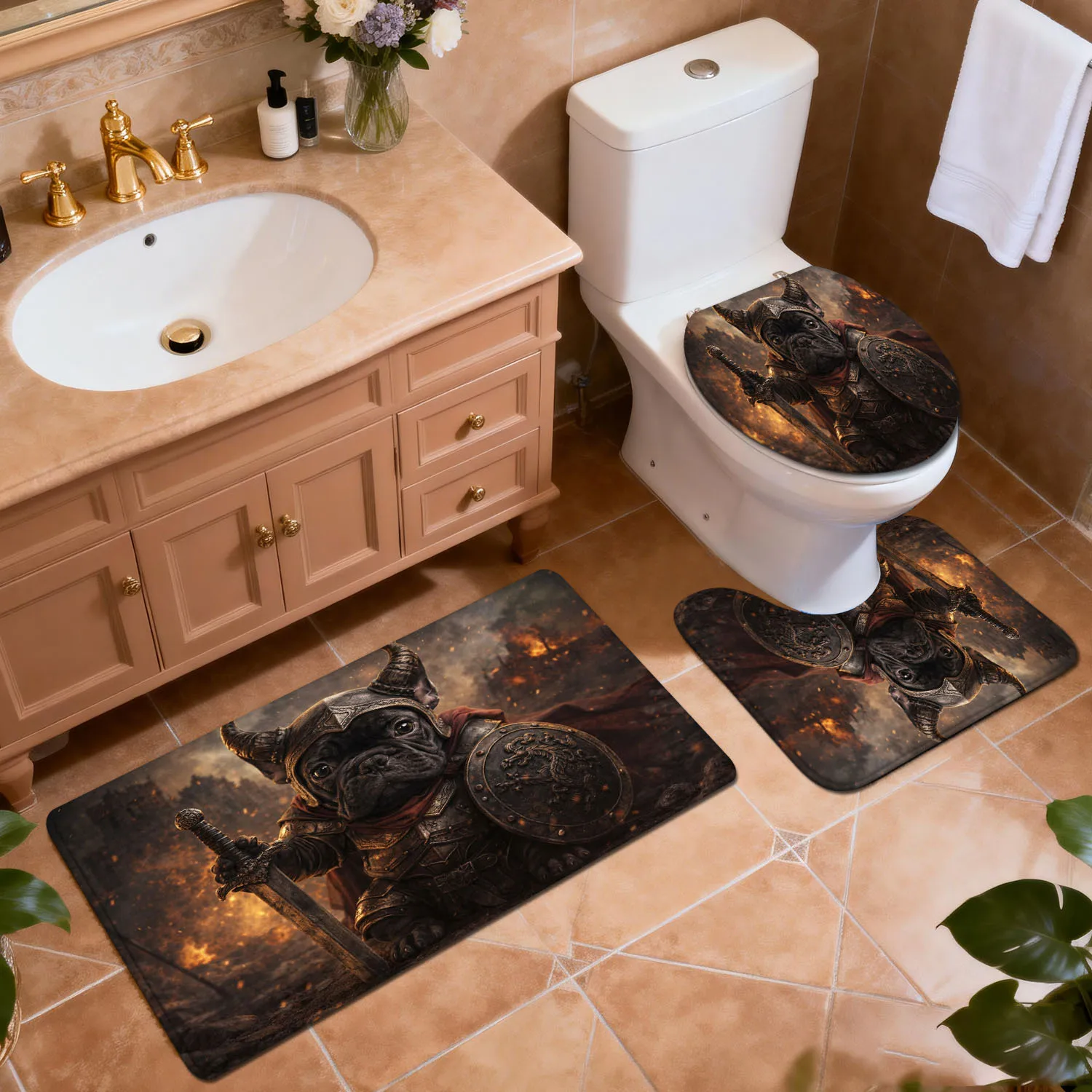 3pcs Bathroom Mat Set, Bulldog Viking Warrior, Home Decor Entry Mat, Toilet Lid Cover Bathroom Accessory Set, Non-Slip Absorbent