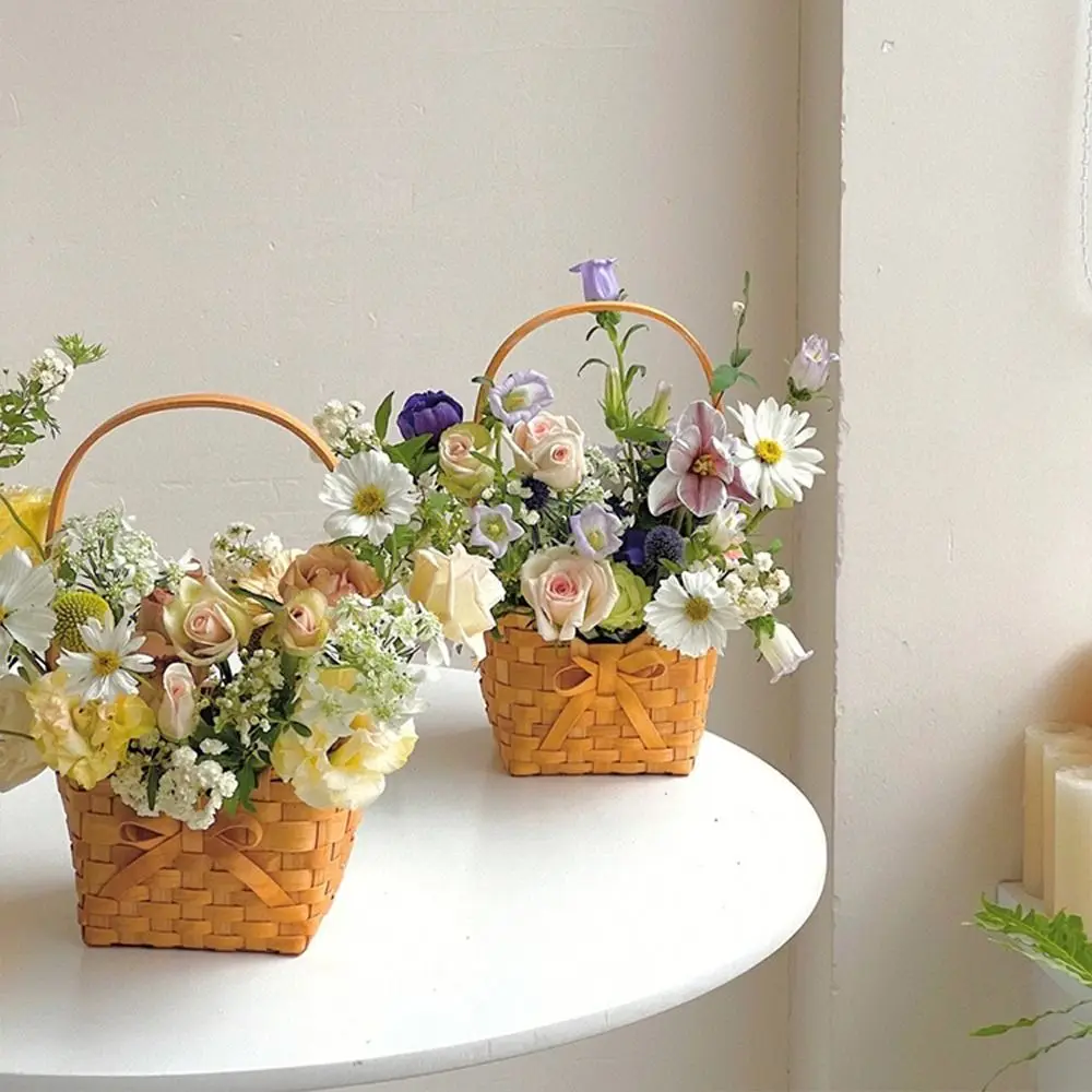 Willow Rattan Bride Flower Basket Hand-Woven Picnic Container Flower Arrangement Basket with Handle Picnic Weaving Basket