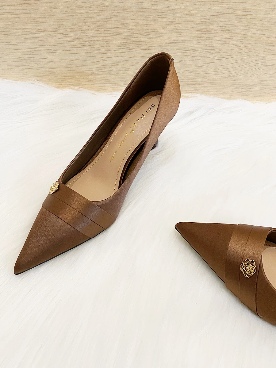 Pointed Toe High Heels Women's Thin Heel Elegant Brown Satin Fashion Single Shoes for Skirts Retro Style Summer New Model