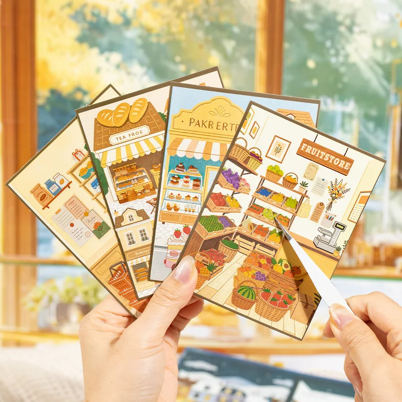 2Pcs PET Street Scene Build‑a‑scene Stickers, Bakery Fruit Shop House Decals for Journal Collage Supplies
