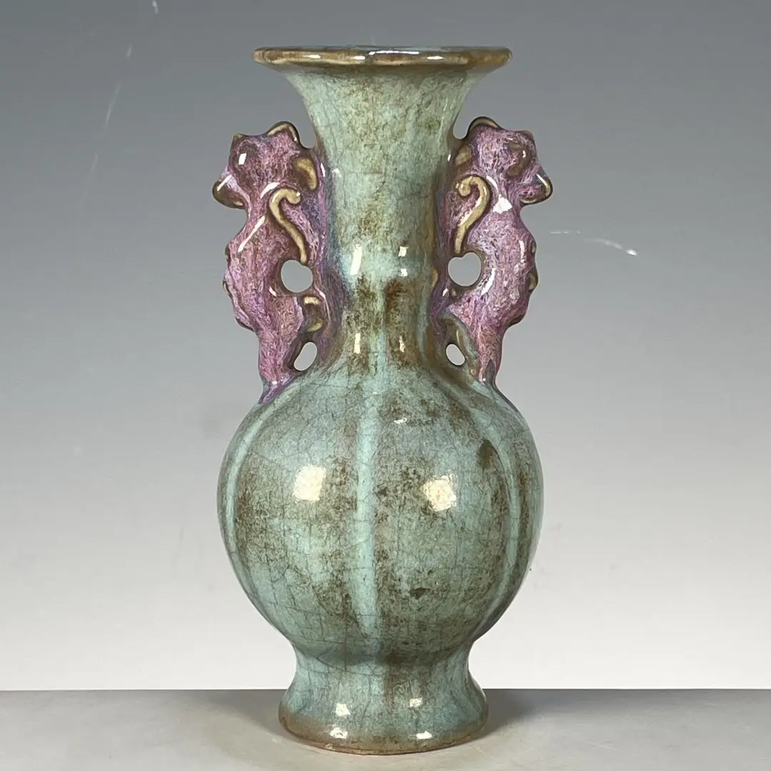 Imitation Chinese-style porcelain Jun ware kiln-transformed glaze with red double handles vase